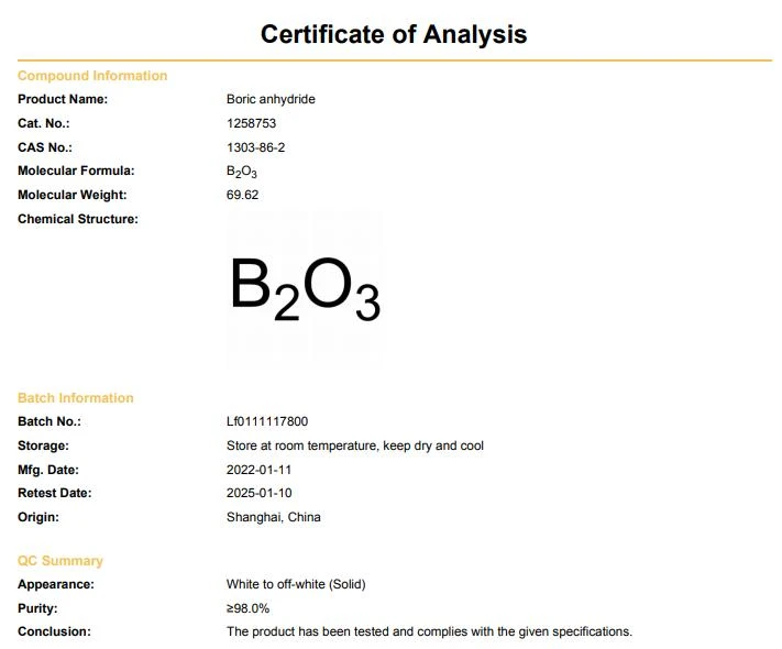 Boron trioxide COA CAS 1303-86-2 | Shaanxi BLOOM Tech Co., Ltd Boron trioxide COA CAS 1303-86-2 | Shaanxi BLOOM Tech Co., Ltd