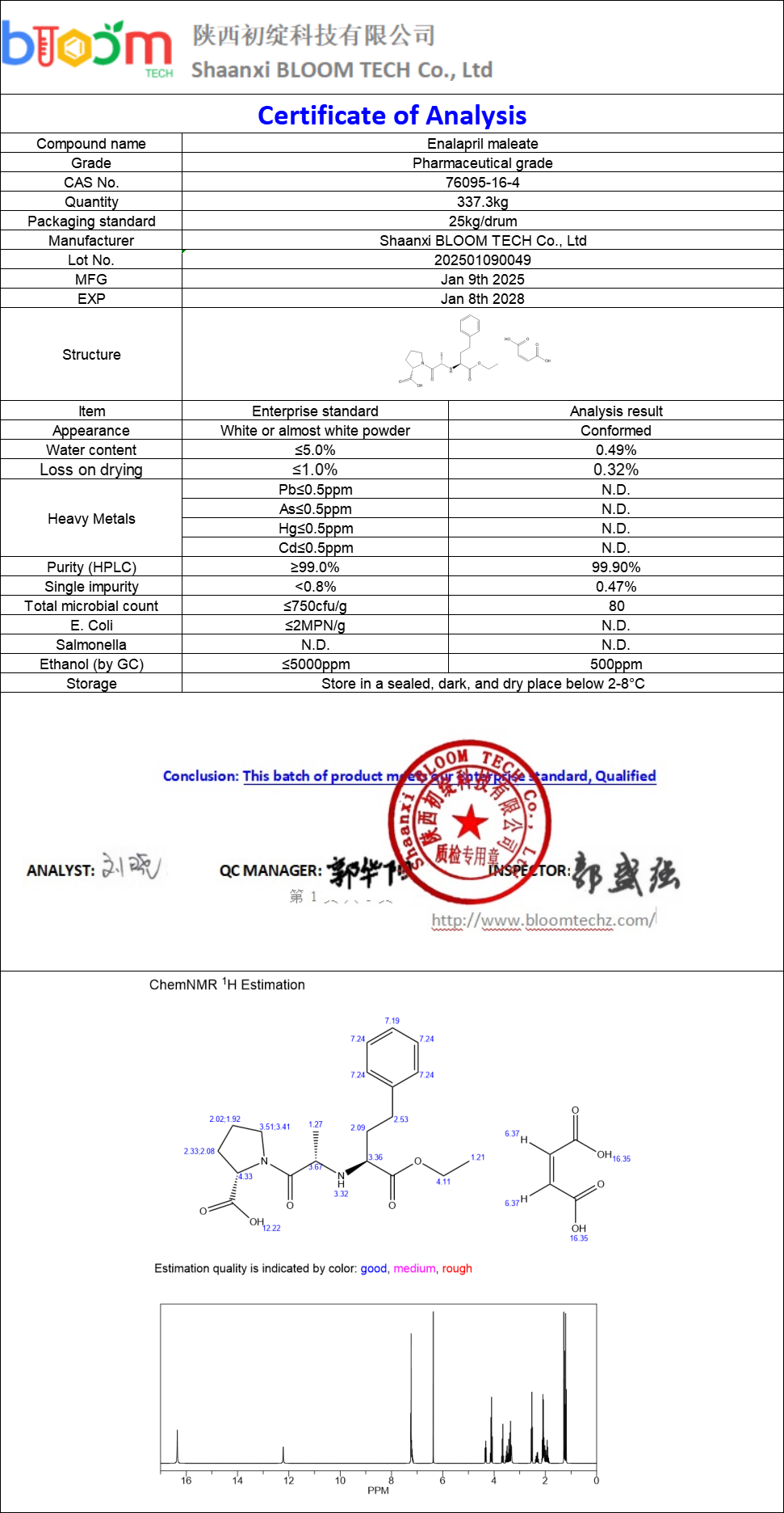 Enalapril Maleate COA | Shaanxi BLOOM Tech Co., Ltd Enalapril Maleate COA | Shaanxi BLOOM Tech Co., Ltd